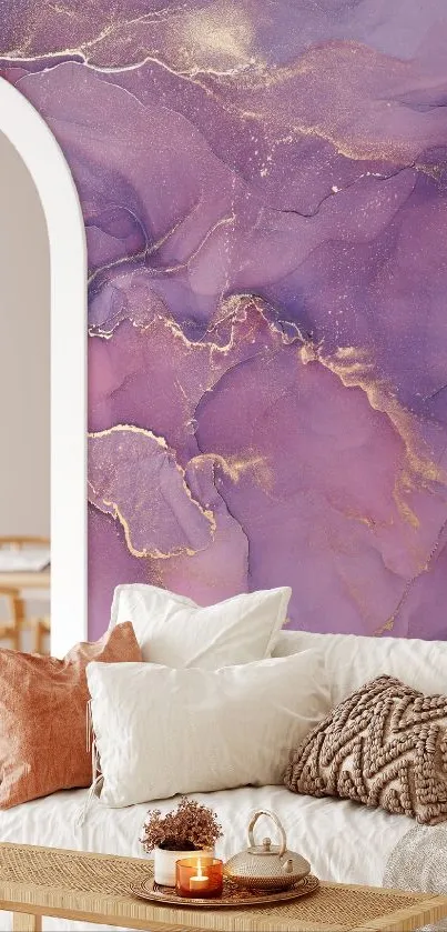 Elegant purple marble wallpaper with gold accents for a modern living space.