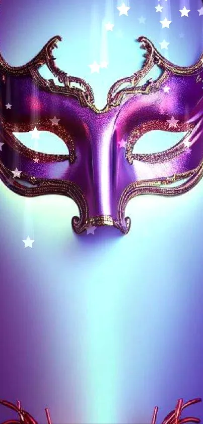 Purple mask illustration with elegant design and glow effect.