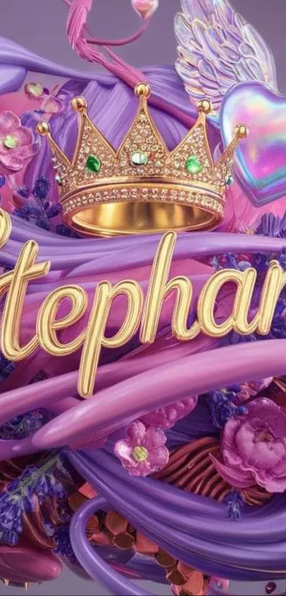 Purple wallpaper with crown and gold name 'Stephanie'.