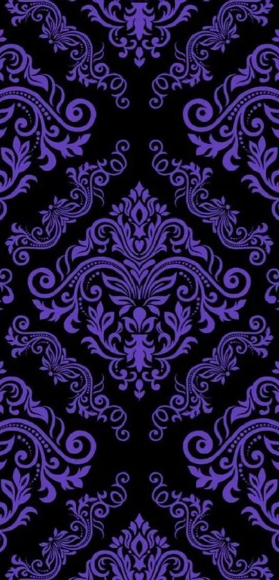 Intricate purple ornate design on black wallpaper background.