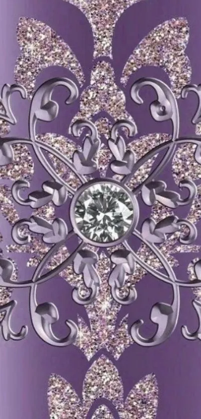 Elegant purple wallpaper with ornate designs and a central sparkling jewel.