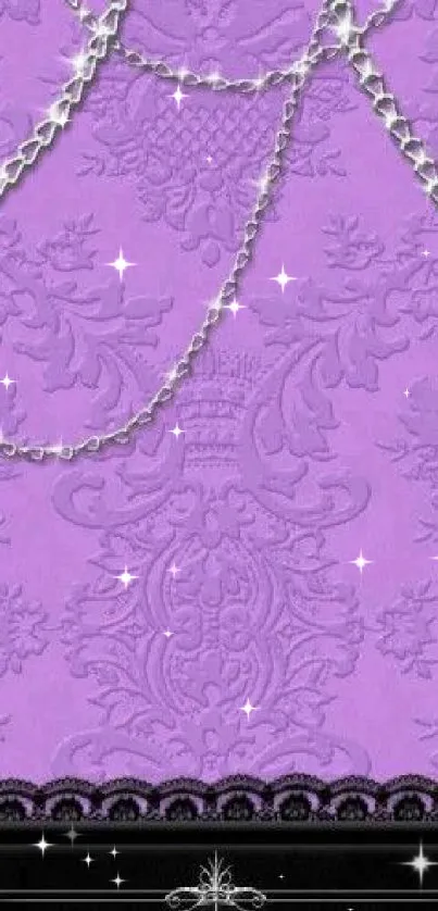 Purple damask wallpaper with silver chains and black accents.