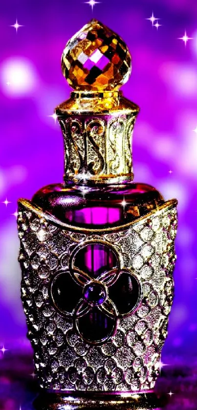 Ornate gold and purple perfume bottle with bokeh background.