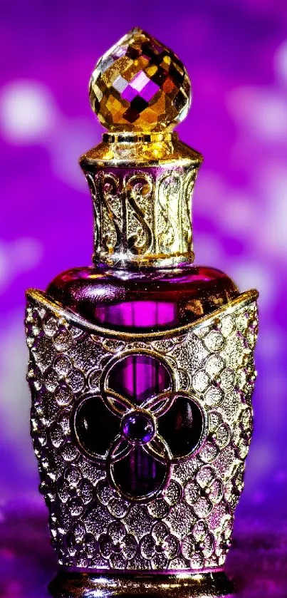 Elegant purple perfume bottle with gold accents on a vibrant background.