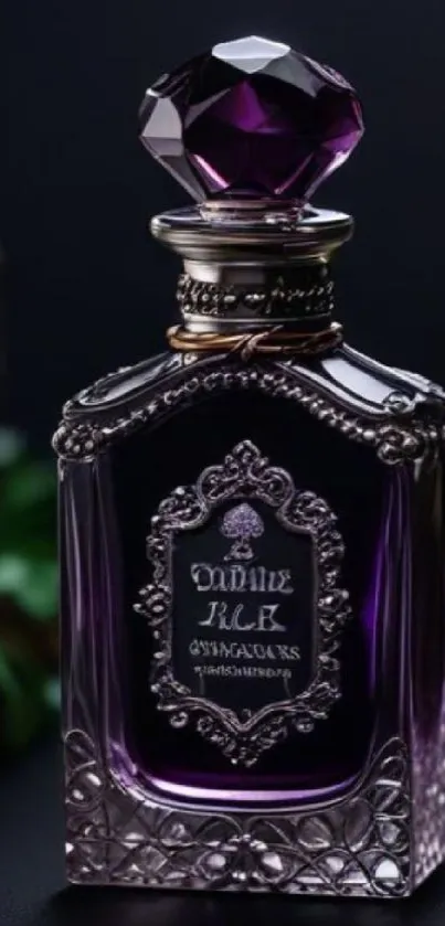 Luxury purple perfume bottle with intricate design on a dark background.