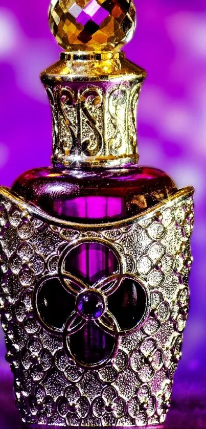 Elegant purple perfume bottle with ornate detail on a vibrant background.