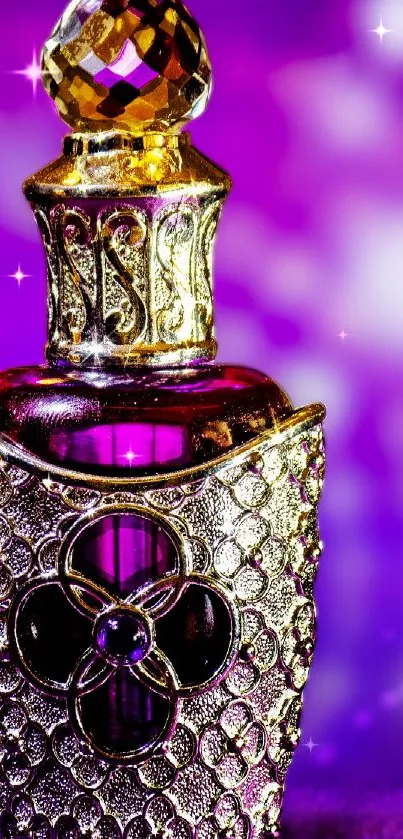 Elegant perfume bottle with purple tones and gold detailing on a vibrant background.