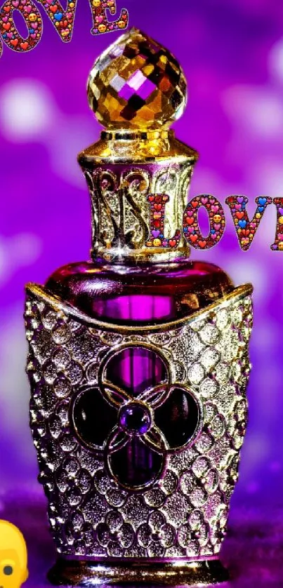 Purple perfume bottle with gold accents on a bokeh background.