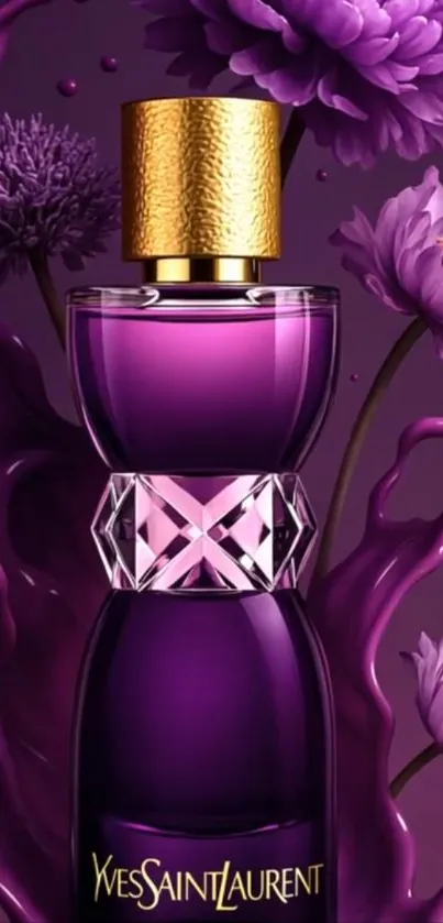 Elegant perfume bottle surrounded by purple flowers.