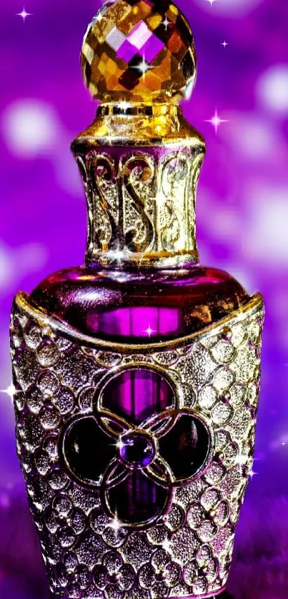 Luxurious purple perfume bottle with intricate gold detail.