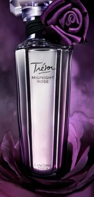 Luxurious purple perfume bottle with rose design.