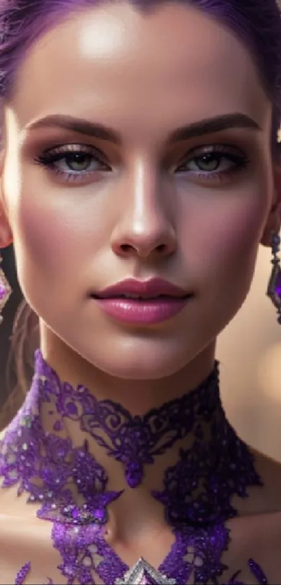 Elegant female portrait with purple tones and jewelry.