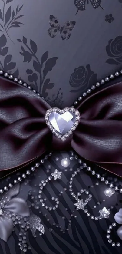 Elegant wallpaper with purple ribbon and diamond heart design.