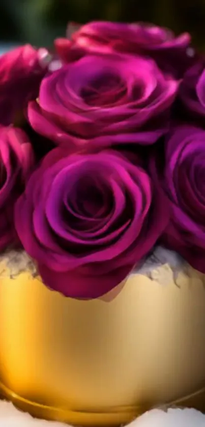 Elegant purple rose bouquet in a golden vase wallpaper.