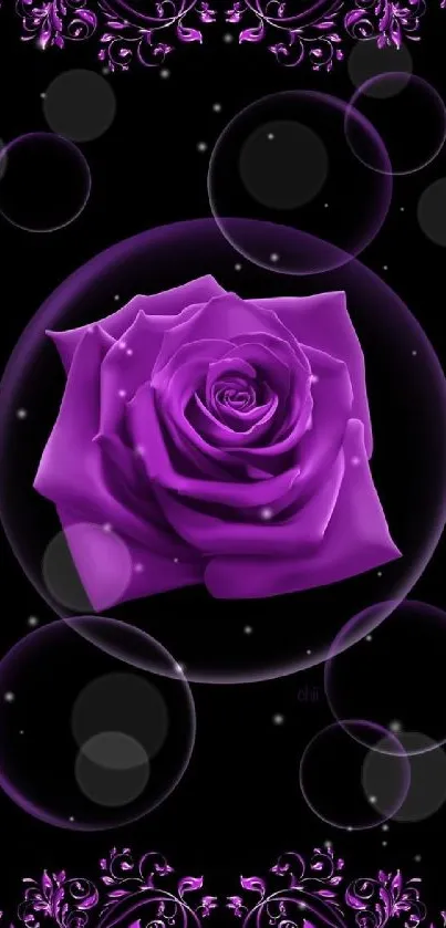 Purple rose and floral design mobile wallpaper with bubbles.