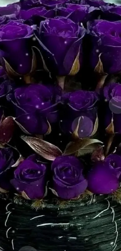 A vibrant bouquet of purple roses in a decorative basket.