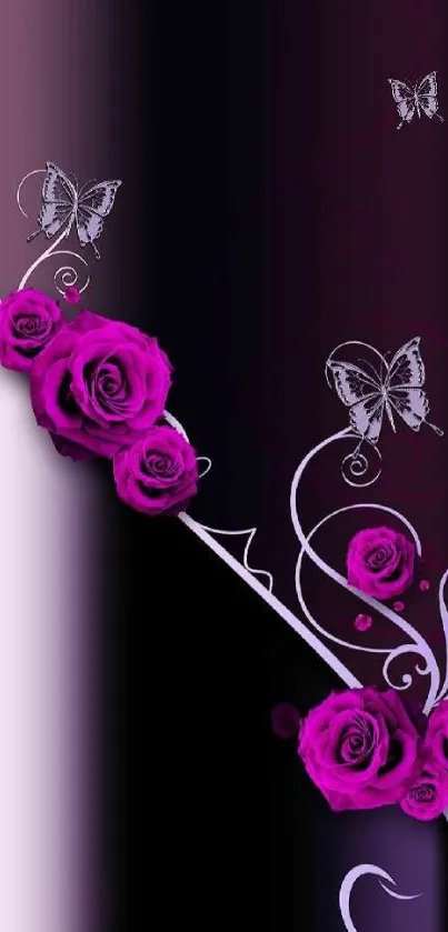 Purple rose wallpaper with butterflies and swirls on a dark background.