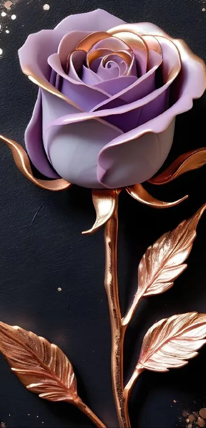 Elegant purple rose with copper leaves on a black background.