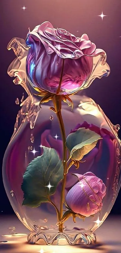 Elegant purple rose in a glass vase with artistic lighting.