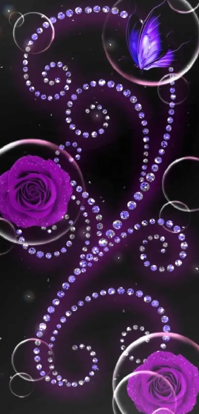 Elegant purple rose and butterfly on black background.