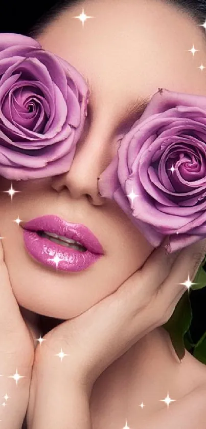 Woman's face with purple roses covering eyes.