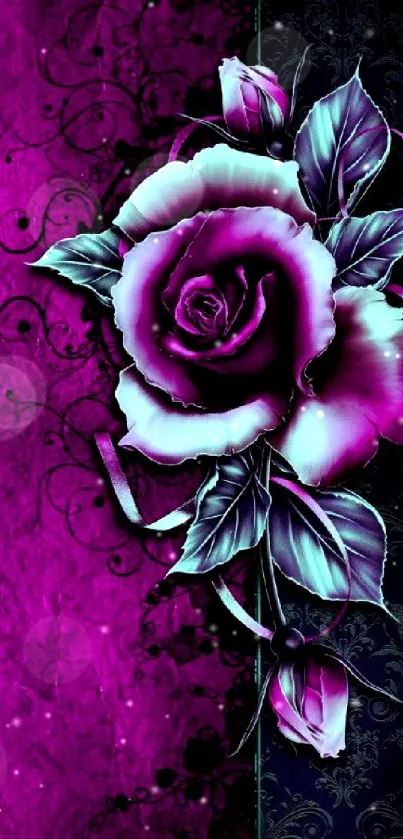 Elegant mobile wallpaper featuring a purple rose and black floral patterns.