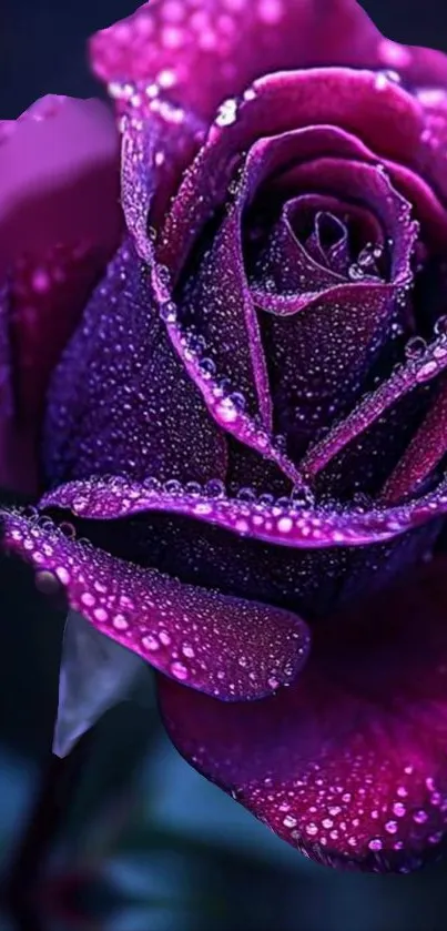 Purple rose with dew droplets on petals.
