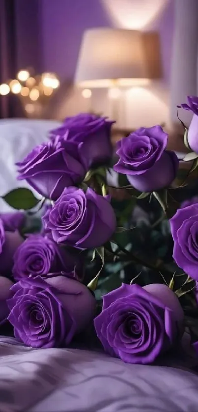 Elegant purple roses in a cozy bedroom setting with soft lighting.