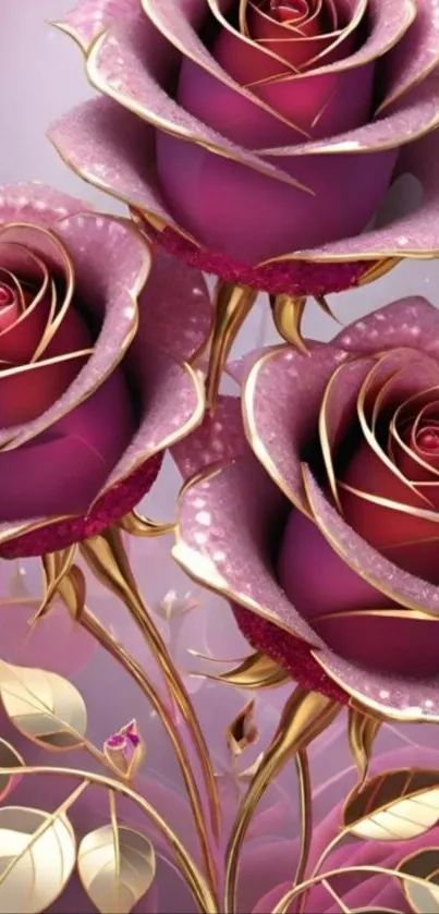 Purple roses with golden leaves on a phone wallpaper.