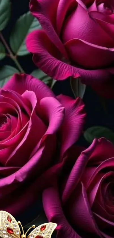 Mobile wallpaper featuring purple roses with green leaves.