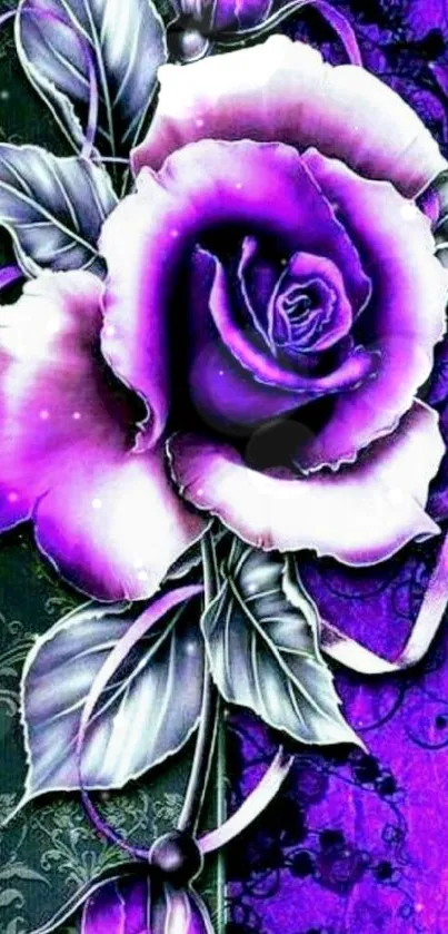 Elegant purple rose with leaves as mobile wallpaper.