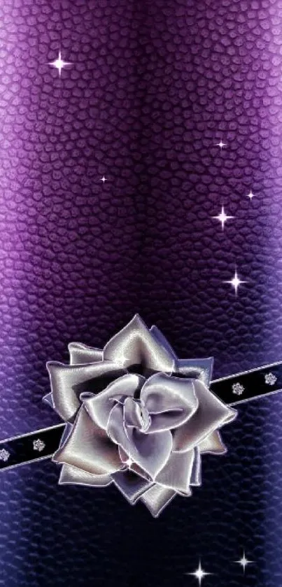 Elegant purple wallpaper with silver rose and ribbon.