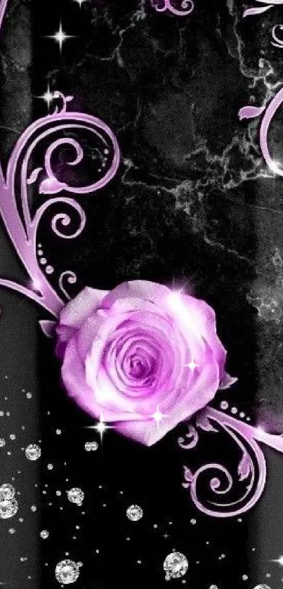 Elegant wallpaper with purple rose and curls on dark background.