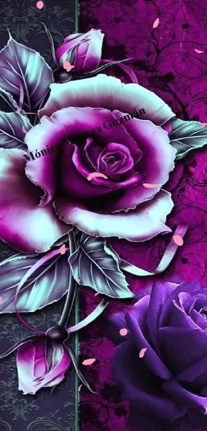 Elegant mobile wallpaper featuring purple roses and intricate floral design.