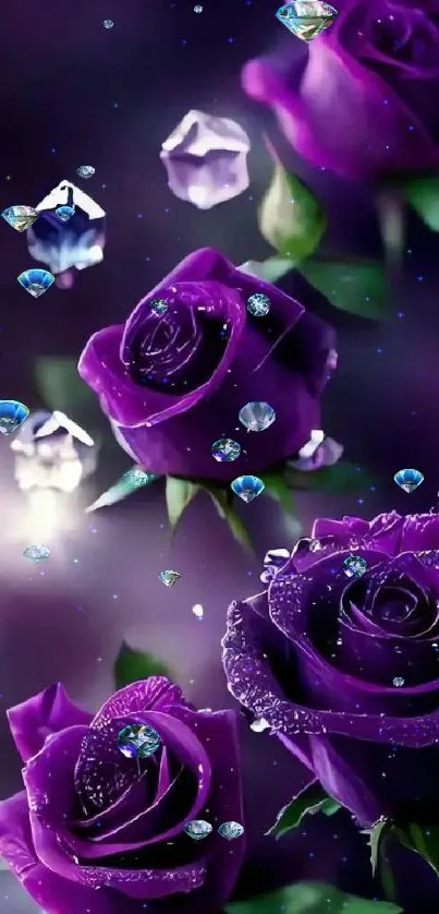 Elegant purple roses with crystal accents on a dark background.