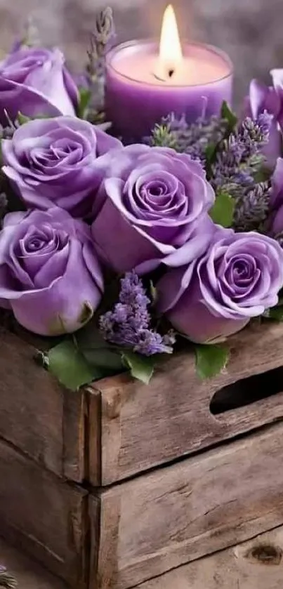 Purple roses and candle in a wooden box.