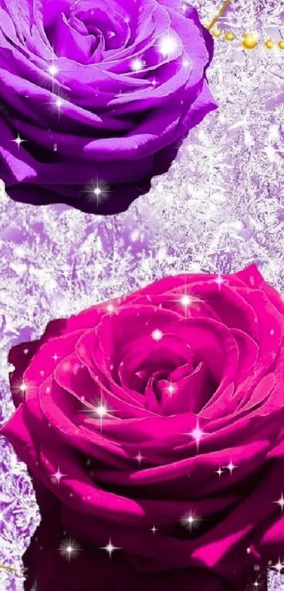 Vibrant purple and pink roses with sparkle accents on a mobile wallpaper.