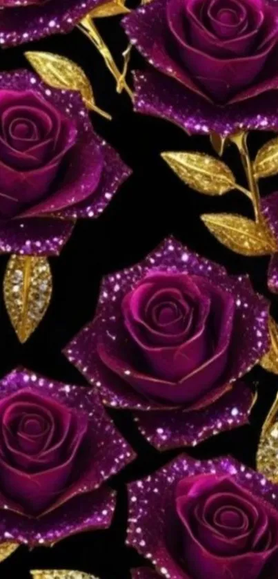 Purple roses with golden leaves glittering on black background.