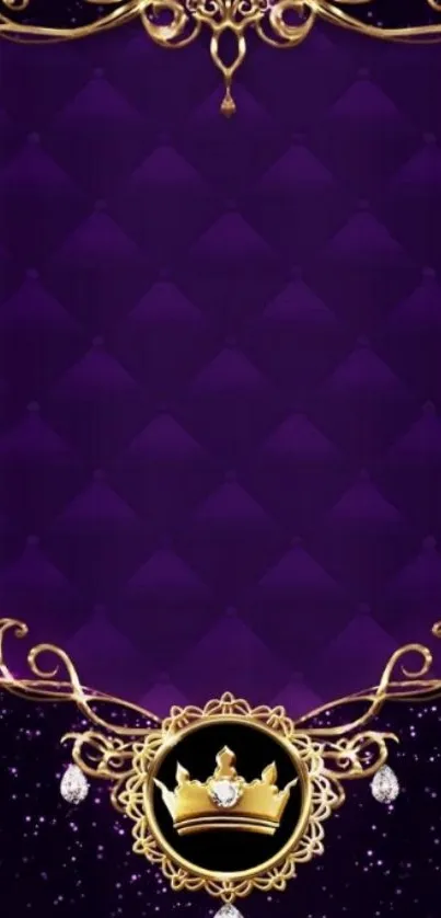 Purple royal wallpaper with golden crown design.