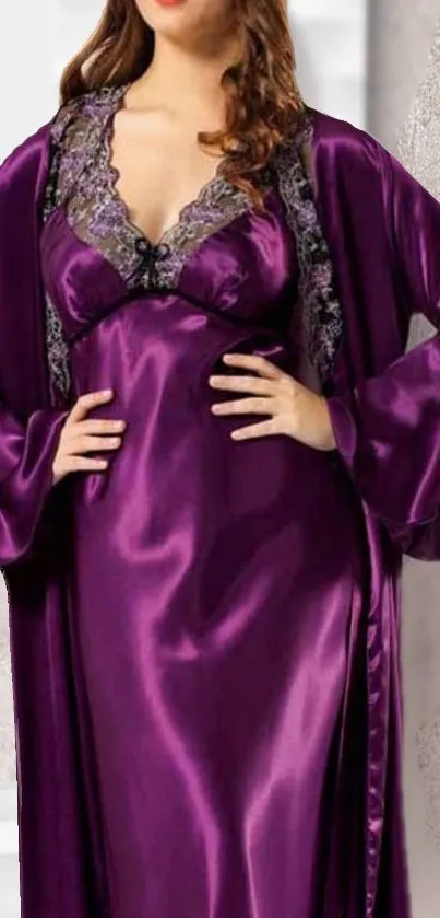 Elegant purple satin gown with lace details.