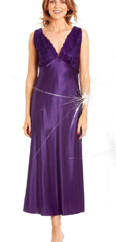 Woman wearing elegant purple satin nightgown.