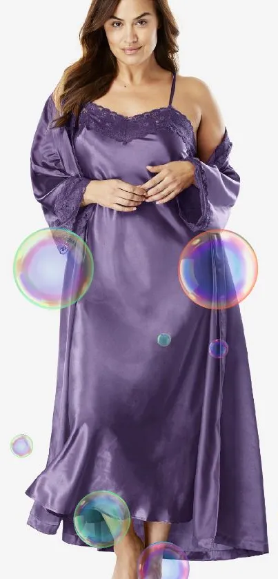 Elegant woman in purple satin nightgown with matching shawl.