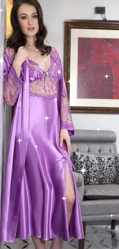 Elegant purple satin nightwear in stylish room background.