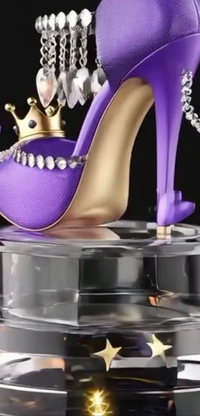 Purple high heel shoe with gemstones and crown on black background.