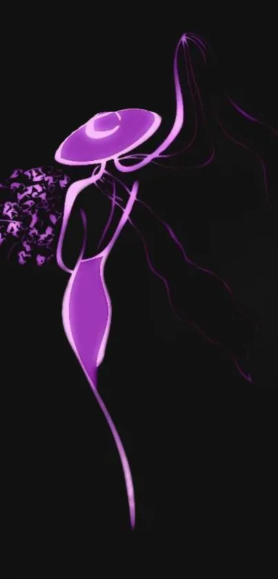 Elegant purple silhouette with hat and bouquet on black background.