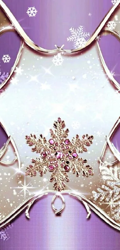 Purple and gold snowflake mobile wallpaper with elegant design.