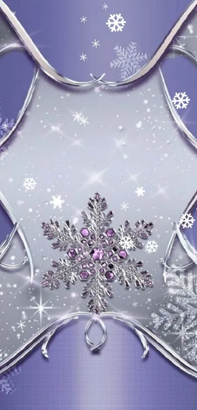 Elegant purple snowflake mobile wallpaper with silver accents.