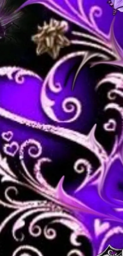 Purple and black swirl wallpaper with butterflies.