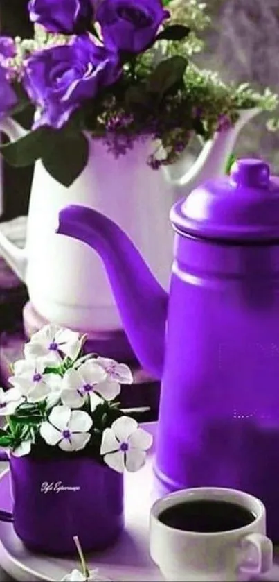 Purple tea set with flowers wallpaper for mobile.