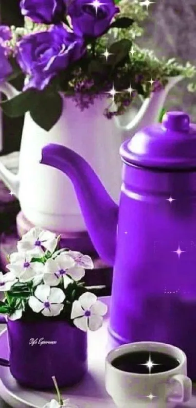 Elegant purple tea set with flowers on a tray.